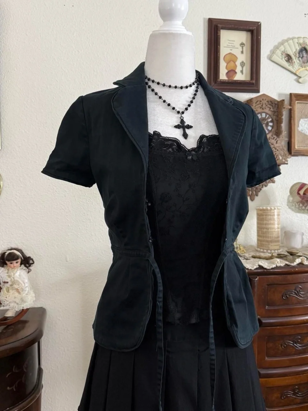 Y2k vampy office siren girly goth black short sleeve tie front jacket